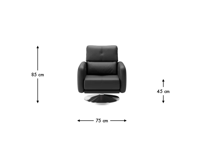 Rozmerový pohľad kresla ALA so šírkou 75 cm, výškou 85 cm a výškou sedu 45 cm.