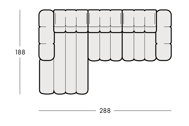 Celý pôdorys ASTORIA malý roh so šírkou 288 cm a hĺbkou 188 cm.
