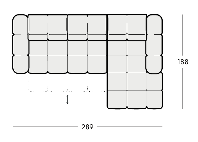 Celý pôdorys AURENA R2 so šírkou 289 cm a hĺbkou 188 cm.