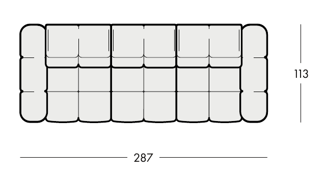 Celý pôdorys AURENA S1 so šírkou 287 cm a hĺbkou 113 cm.