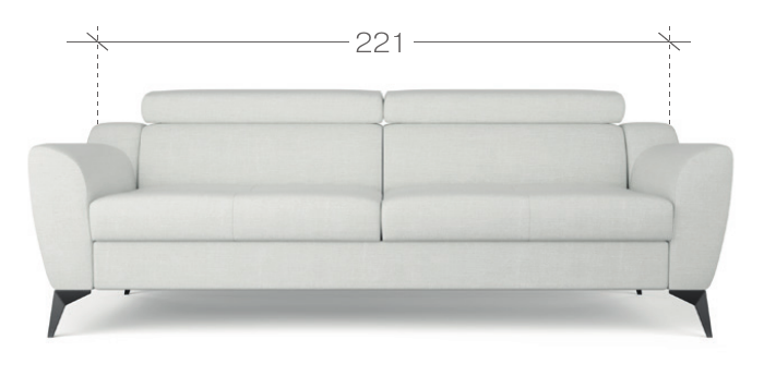 Nákres trojmiestnej pohovky BARI so šírkou 221 cm.