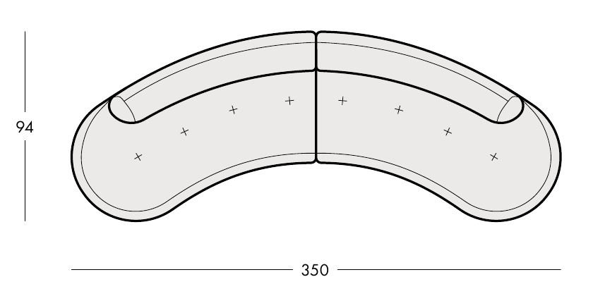 Celý pôdorys pohovky BLAZE SOFA A1 s rozmerom 350 × 94 cm.