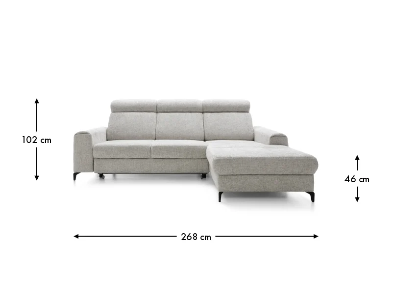 Celý technický nákres sedačky CANES so šírkou 268 cm, výškou 102 cm a výškou sedu 46 cm.