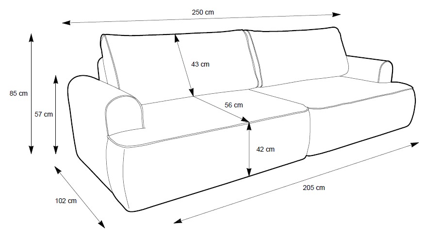 Rozmerový nákres pohovky CELTA sofa: 250 × 102 cm, výška 85 cm a výška sedu 42 cm.