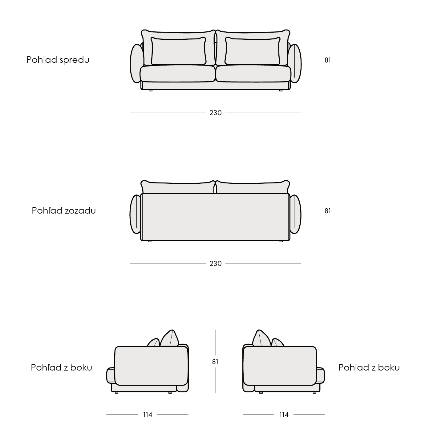 Celé technické pohľady na pohovku COMFORA spredu, zozadu a zboku s výškou 81 cm.