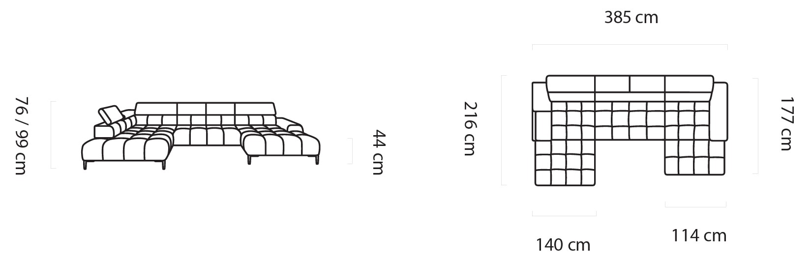 Rozmerový nákres COTTA XL: šírka 385 cm, dĺžky krídel 216 a 177 cm, výška 76 až 99 cm a výška sedu 44 cm.