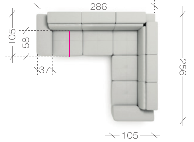 ENY – pôdorys rohu 286 × 256 cm.