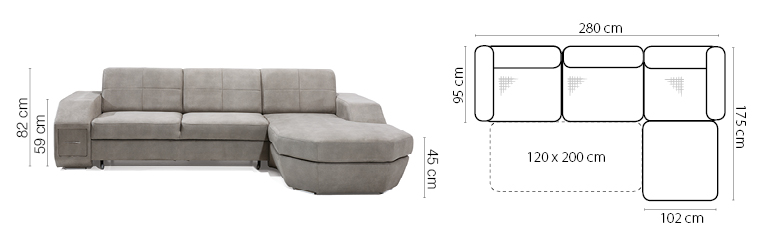 Technický nákres rohovej sedačky FIGARO s rozmerom 280 × 175 cm