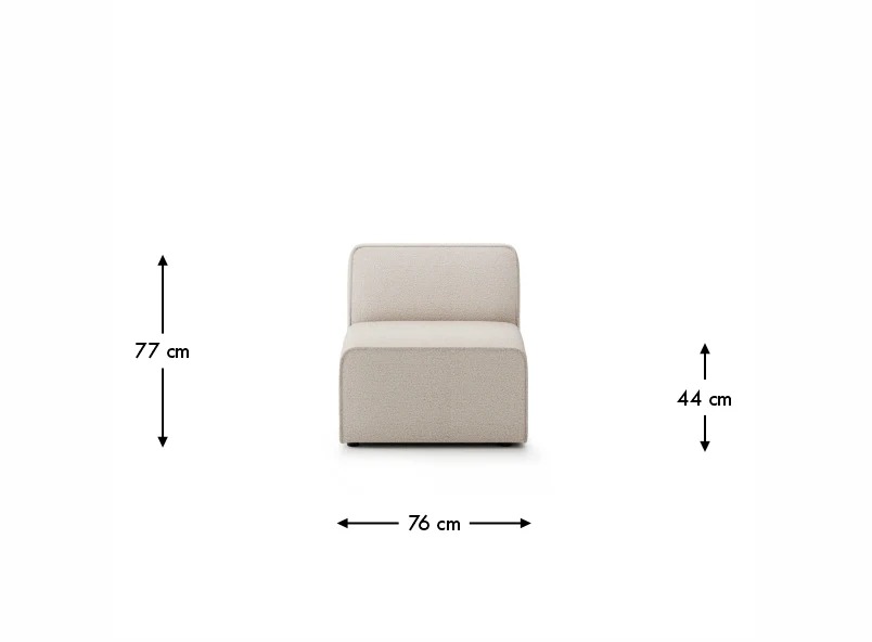 Rozmerový pohľad kresla HYDRA: šírka 76 cm, výška 77 cm a výška sedu 44 cm.