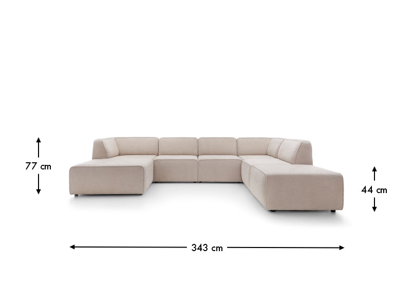 HYDRA XL – celý čelný nákres so šírkou 343 cm, výškou 77 cm a výškou sedu 44 cm.