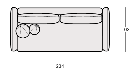 LEGIO sofa – celý pôdorys s rozmermi 234 × 103 cm.