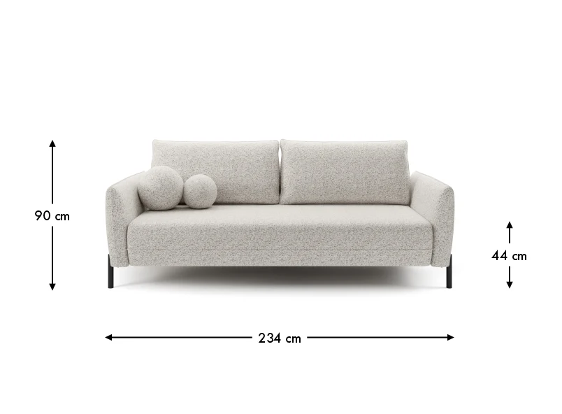LEGIO sofa – celý čelný nákres so šírkou 234 cm, výškou 90 cm a výškou sedu 44 cm.