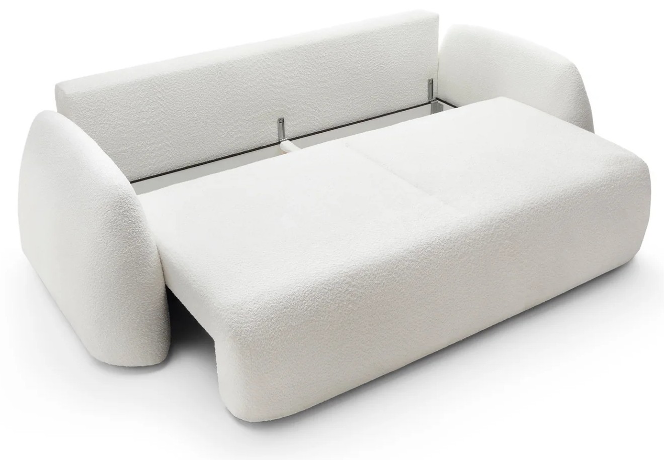 LEONARDO sofa – vysunutá sedacia časť a viditeľný úložný priestor pred sklopením operadla.