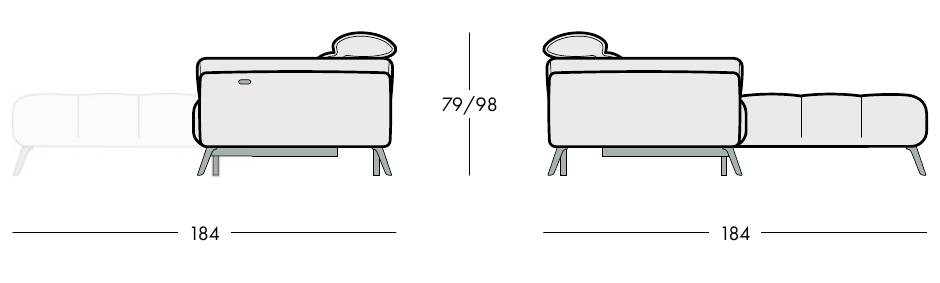 LIBRE mini – celé bočné nákresy s hĺbkou 184 cm a výškou 79–98 cm.