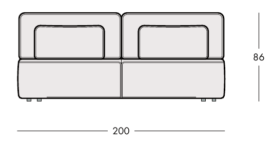 LOOMA sofa – celý čelný nákres so šírkou 200 cm a výškou 86 cm.
