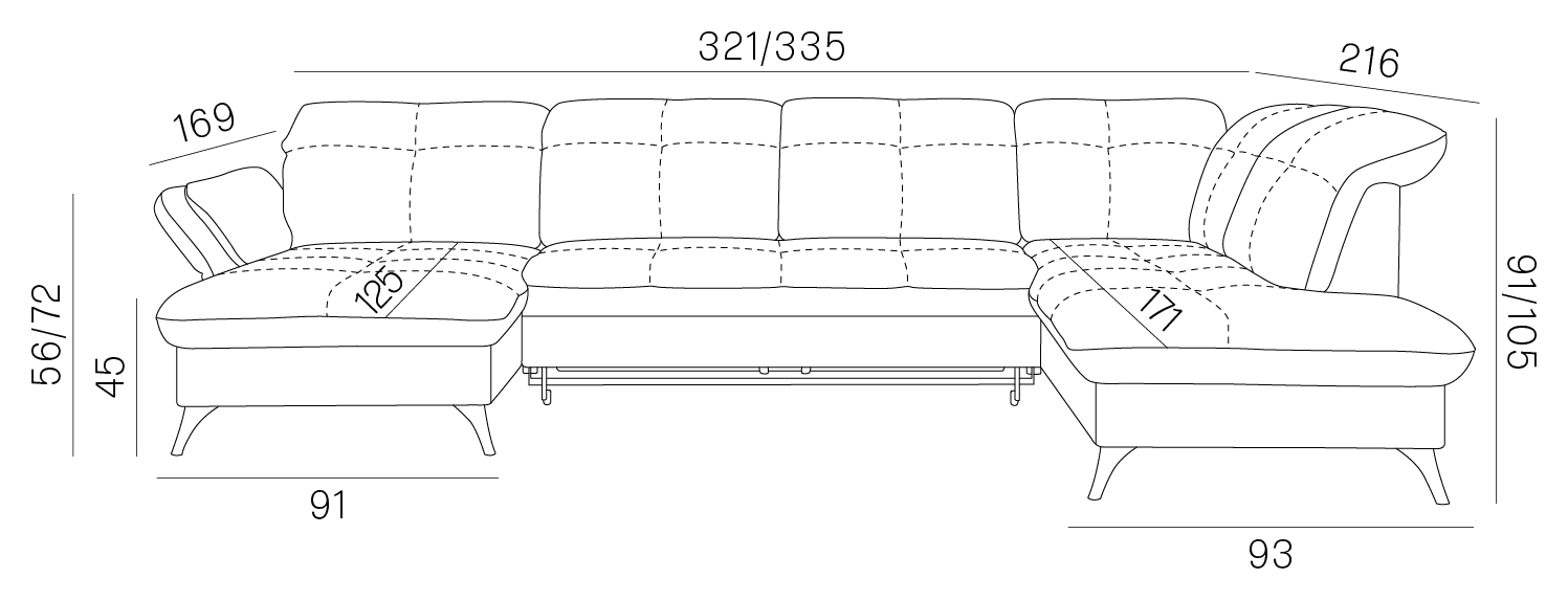 LUNARO U1 – nákres zostavy s celkovou šírkou 321–335 cm