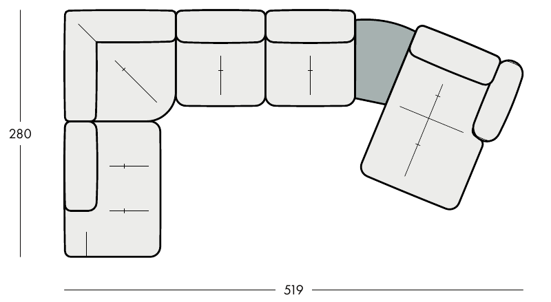 LUSSO U1 – celý pôdorys zostavy so šírkou 519 cm a dlhším krídlom 280 cm.