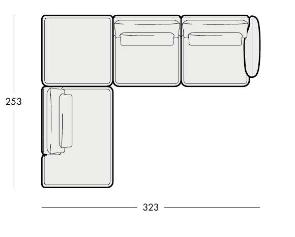 METROPIA R3 – celý pôdorys otvorenej rohovej zostavy s rozmermi 323 × 253 cm.