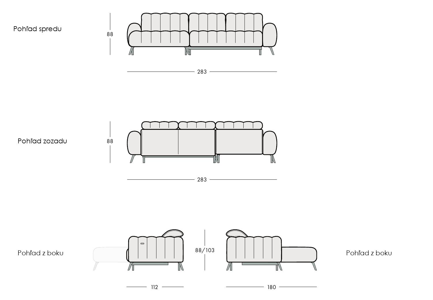 NOBILEO verzia I – celé čelné, zadné a bočné technické pohľady s výškou 88–103 cm.