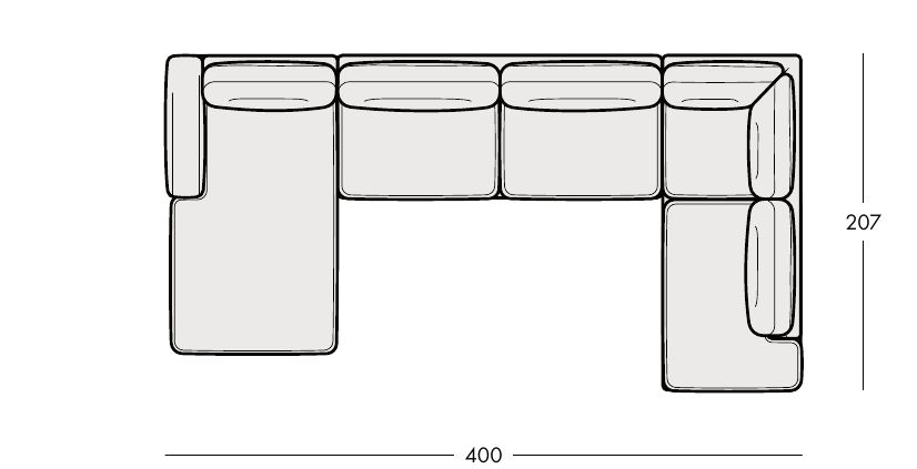 NUVARO U1 – celý pôdorys zostavy so šírkou 400 cm a dlhším krídlom 207 cm.