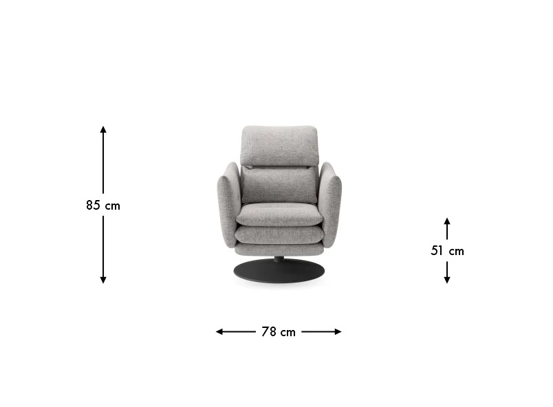 Rozmerový pohľad kresla PATRICK, šírka 78 cm, základná výška 85 cm a výška sedu 51 cm.