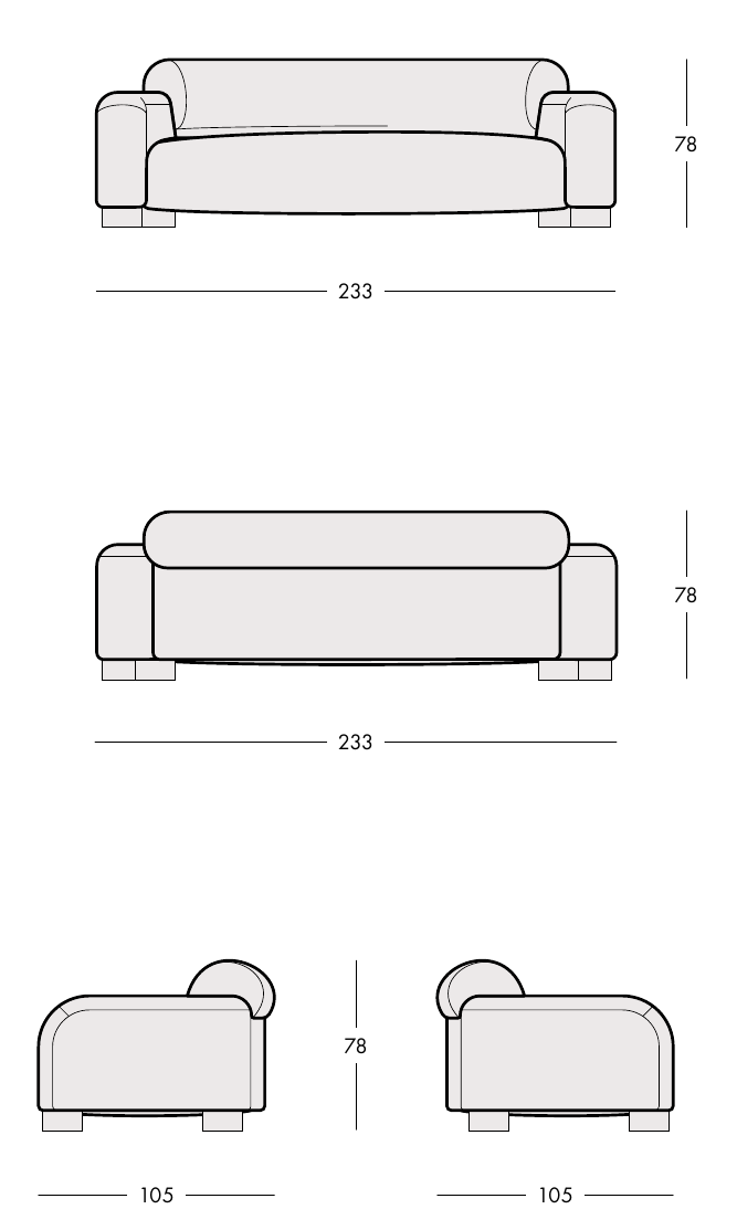 PAVIO sofa S3 – celé predné, zadné a bočné pohľady s výškou 78 cm.