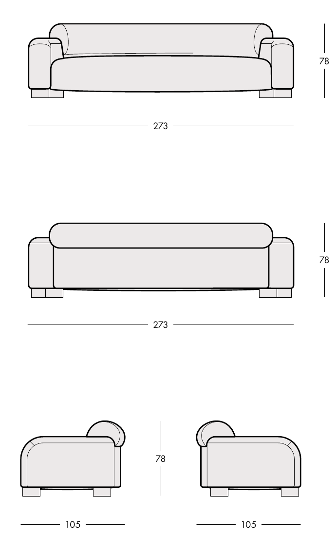 PAVIO sofa S4 – celé predné, zadné a bočné pohľady s výškou 78 cm.