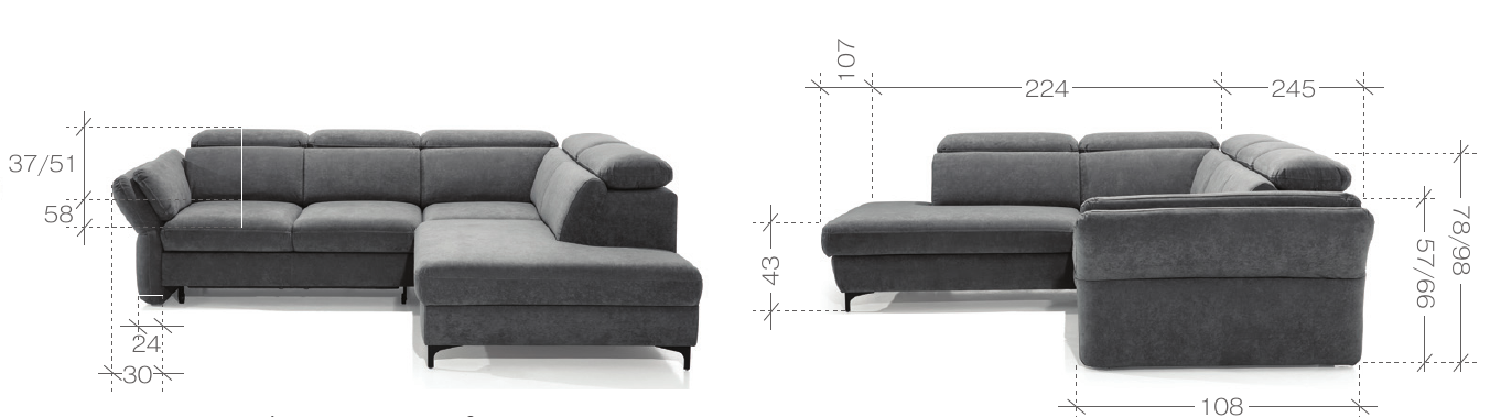 REMIRO – technický nákres s rozmermi 245 × 224 cm a výškou 78–98 cm