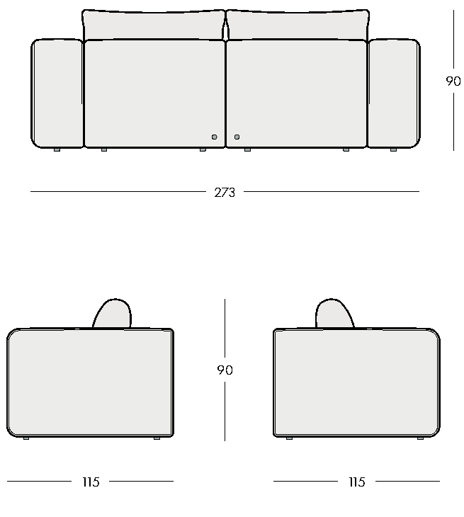 Celý zadný a oba bočné pohľady SOFORA s výškou 90 cm a hĺbkou 115 cm.