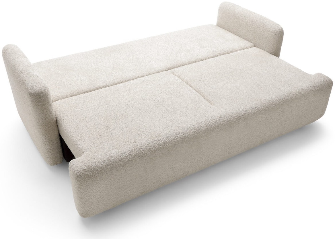 THIAGO sofa úplne rozložená na lôžko s rovnou spacou plochou, pohľad zhora pod uhlom.