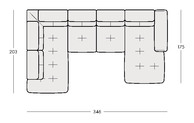 Celý pôdorys TURO XL so šírkou 346 cm a krídlami 175 a 203 cm.