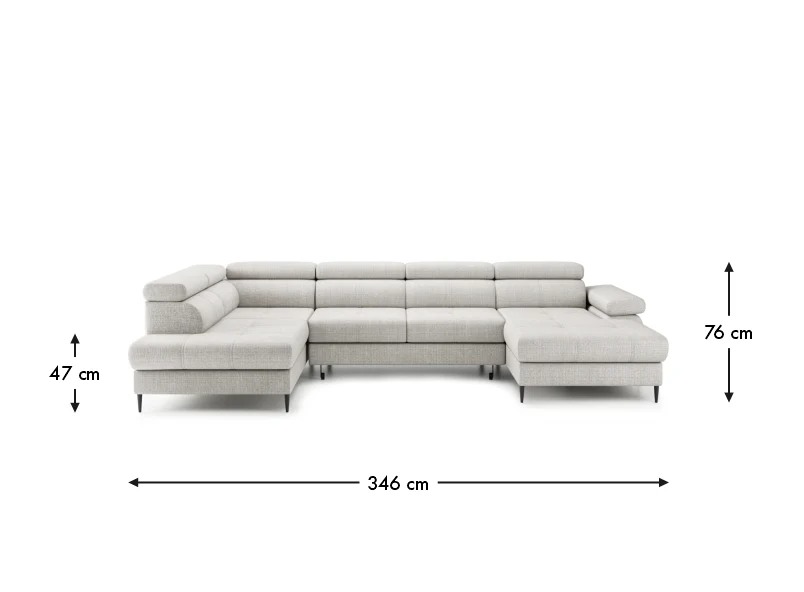 Rozmerový pohľad TURO XL so šírkou 346 cm, výškou 76 cm a výškou sedu 47 cm.