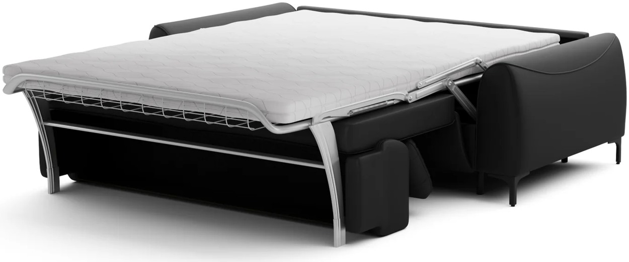 ULTRA sofa po rozložení talianskeho mechanizmu s matracom a viditeľným kovovým rámom.