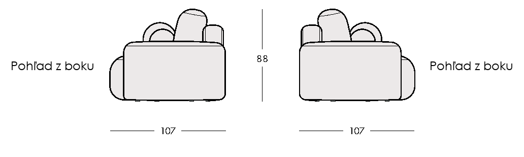 Celé bočné nákresy VANESSA sofa s výškou 88 cm a hĺbkou 107 cm.