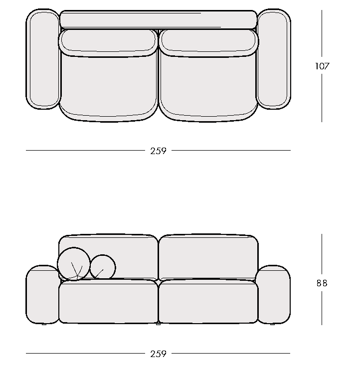 Celý pôdorys VANESSA sofa 259 × 107 cm a predný pohľad s výškou 88 cm.
