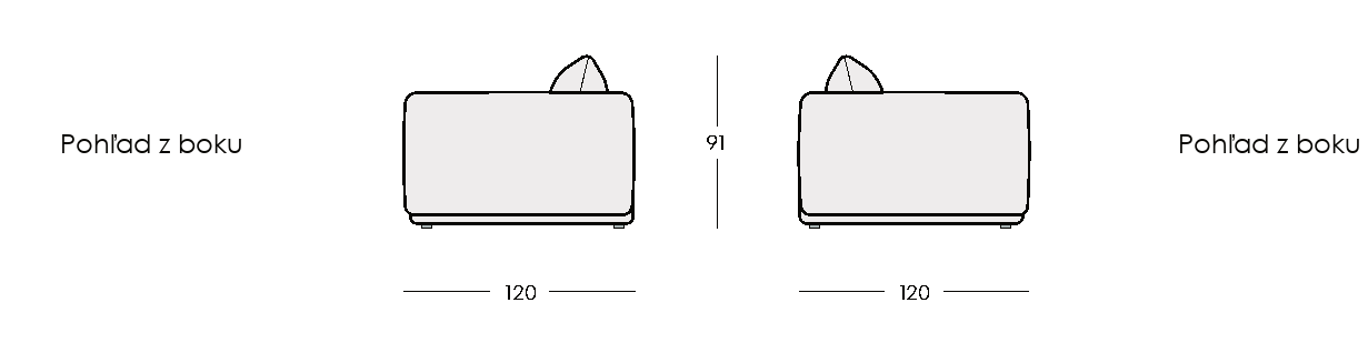 Celé bočné nákresy VANTIO sofa s výškou 91 cm a hĺbkou 120 cm.