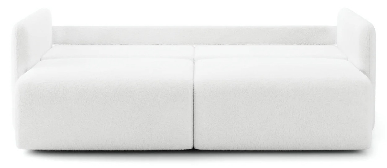 VANTIO sofa s oboma časťami úplne rozloženými na spaciu plochu, čelný pohľad.
