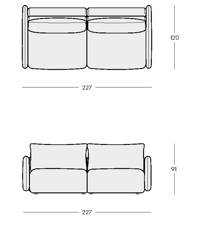 Celý pôdorys VANTIO sofa 227 × 120 cm a predný pohľad s výškou 91 cm.