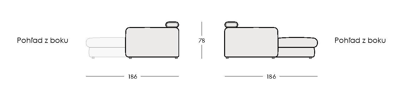 Celé bočné nákresy VELORIA I s hĺbkou 186 cm a výškou 78 cm pri sklopených opierkach.