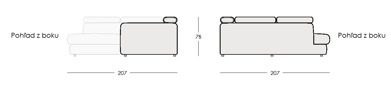 Celé bočné nákresy VELORIA II s hĺbkou 207 cm a výškou 78 cm pri sklopených opierkach.