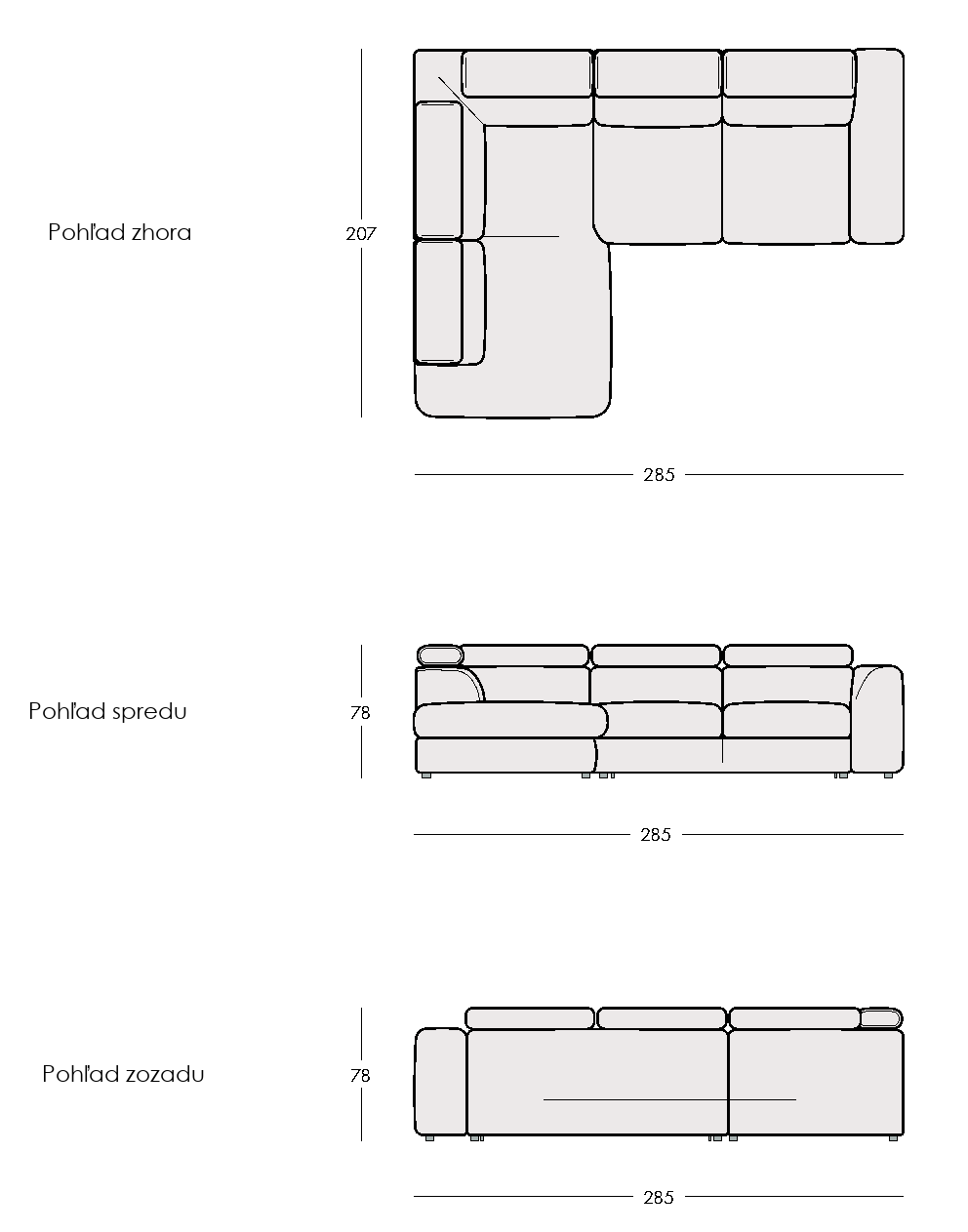 Celý pôdorys VELORIA II 285 × 207 cm a predný i zadný pohľad so sklopenými opierkami.