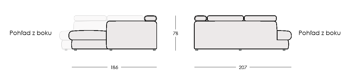 Celé bočné nákresy VELORIA III s hĺbkou 186 cm a výškou 78 cm pri sklopených opierkach.