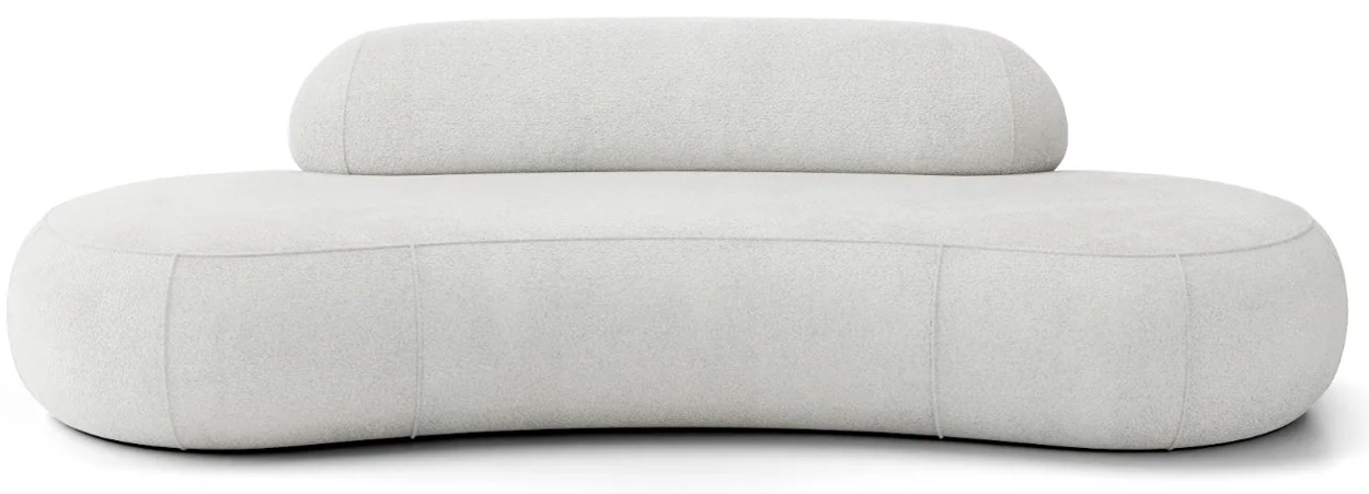 VIRGO SOFA A1 bez podrúčok, detail oblého sedadla a nízkeho operadla, šikmý pohľad spredu.