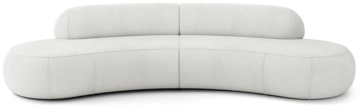 VIRGO SOFA A2 bez podrúčok, detail oblého sedadla a nízkeho operadla, šikmý pohľad spredu.