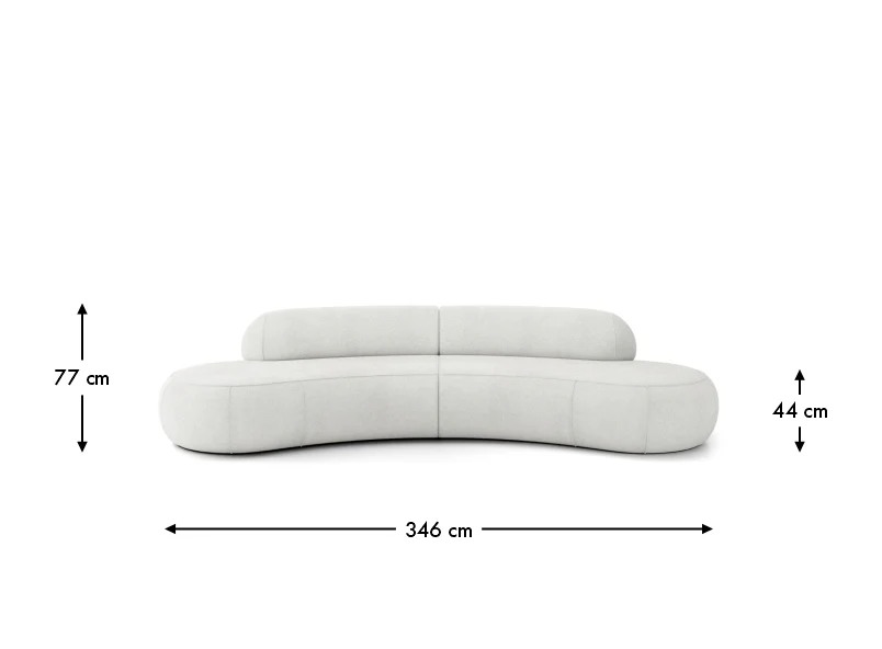 Rozmerový pohľad VIRGO SOFA A2 so šírkou 346 cm, výškou 77 cm a výškou sedu 44 cm.