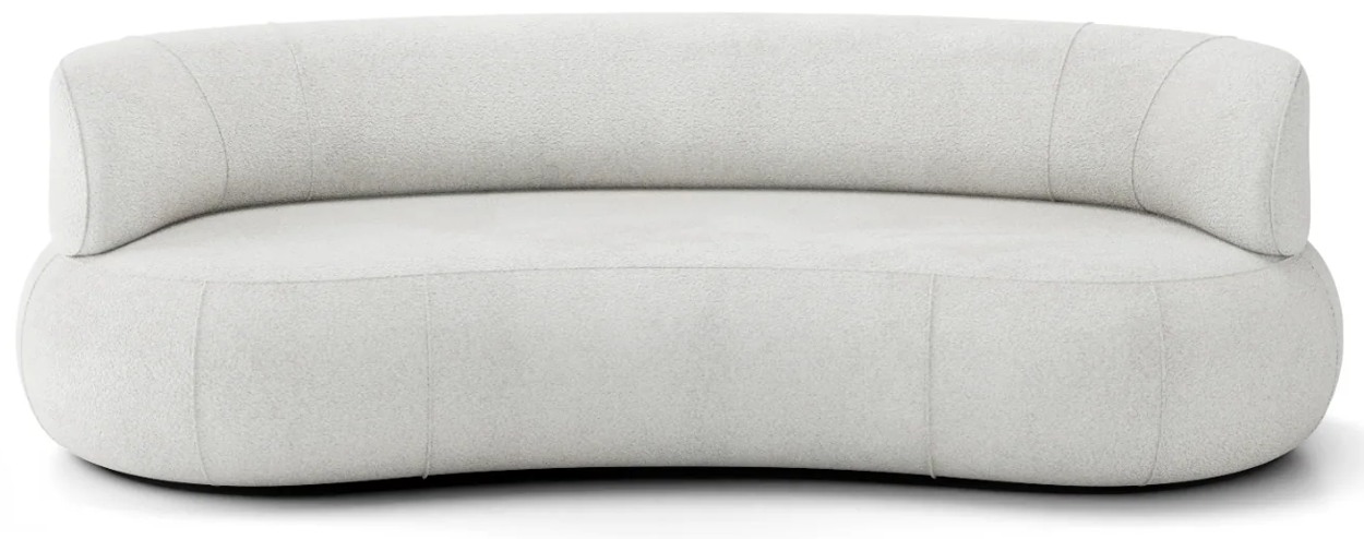 VIRGO SOFA A3 s bočnými oporami, detail oblého sedadla a nízkeho operadla, šikmý pohľad spredu.