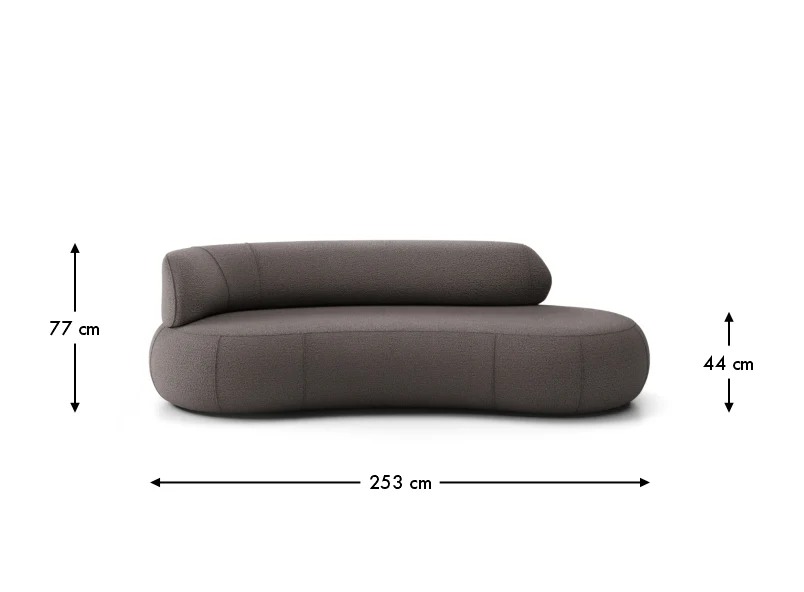 Rozmerový pohľad VIRGO SOFA A4 Ľavá so šírkou 253 cm, výškou 77 cm a výškou sedu 44 cm.