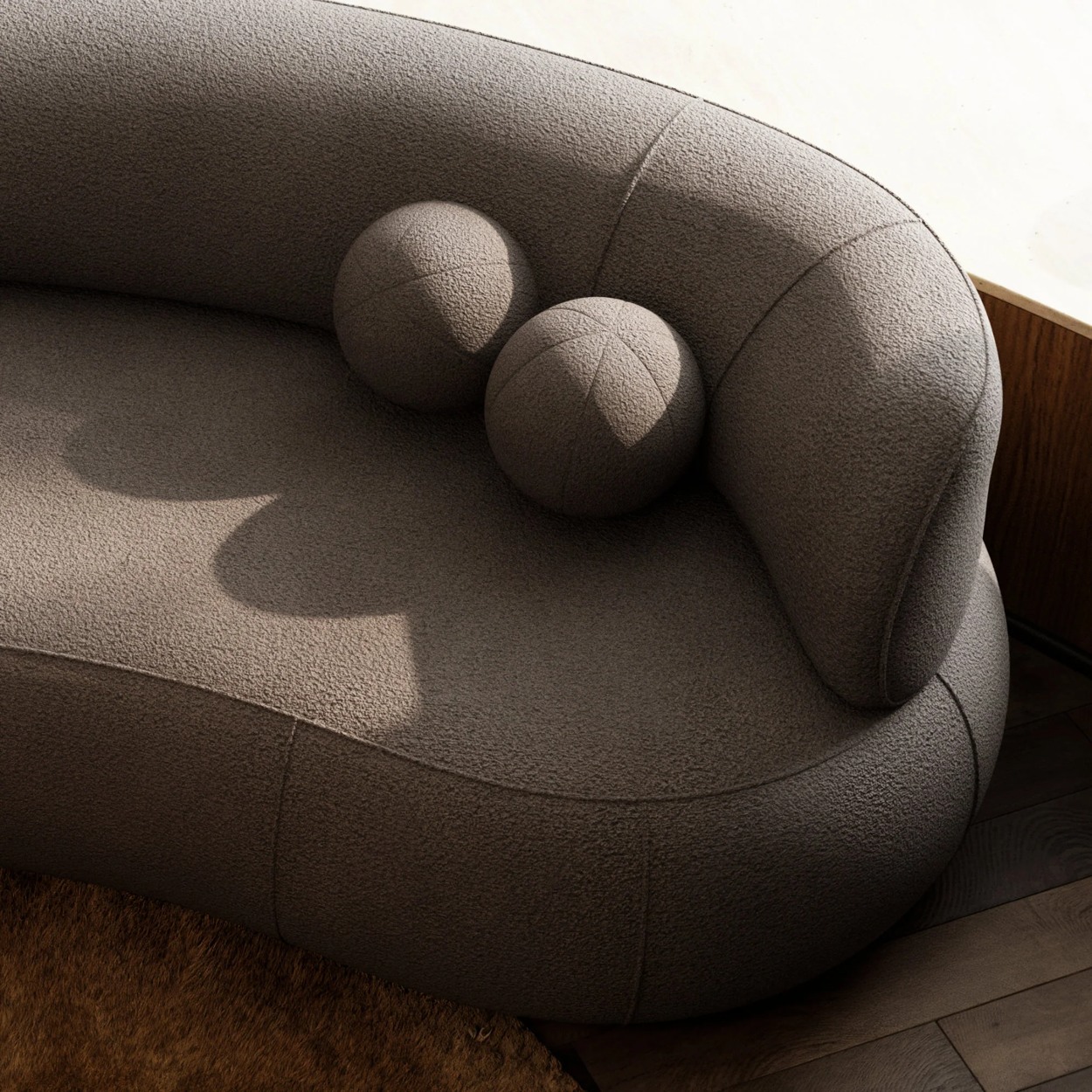 VIRGO SOFA A4 Pravá s bočnou oporou vpravo, detail čalúnenia a oblej pravej bočnej opory.