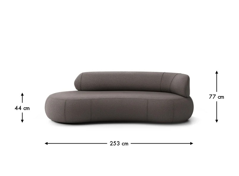 Rozmerový pohľad VIRGO SOFA A4 Pravá so šírkou 253 cm, výškou 77 cm a výškou sedu 44 cm.