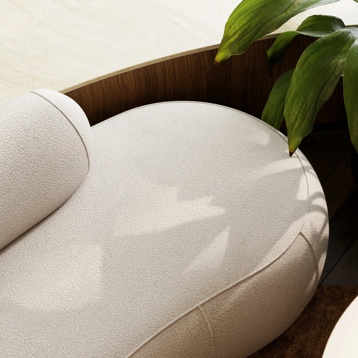 VIRGO SOFA A5 Ľavé bez podrúčok, detail poťahu, oblého sedadla a čalúneného operadla.